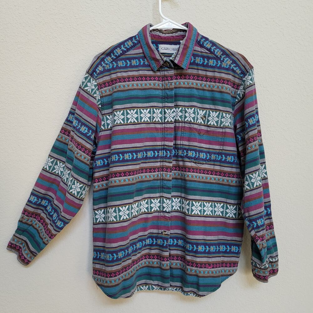 Cabin Creek Vintage 90s Shirt Womens L READ Striped Western Button Up Cotton